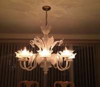 Chandelier Cleaning: White glass chandelier cleaned. Glen Cove, Long Island.